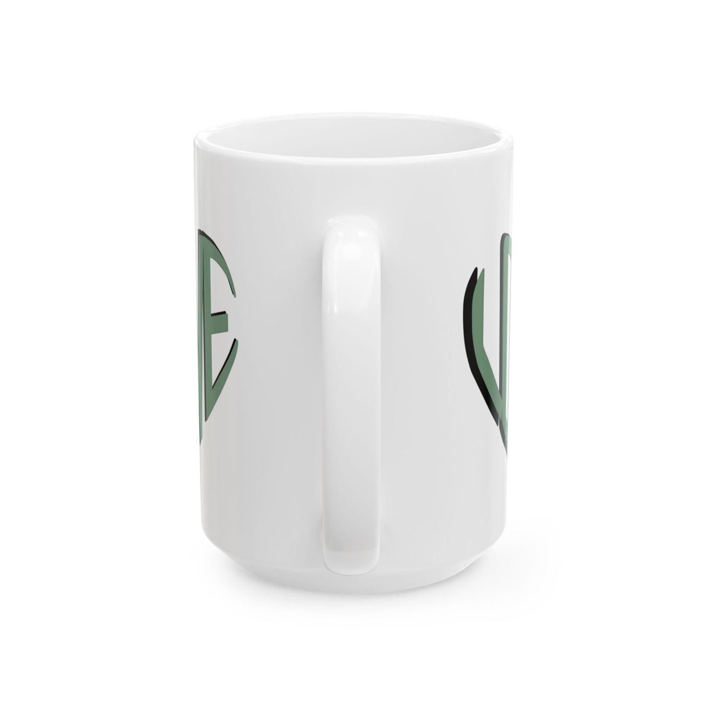 Love Brewed Here - Sage Green - White Ceramic Coffee Mug (11oz, 15oz) With Heart design that says LOVE
