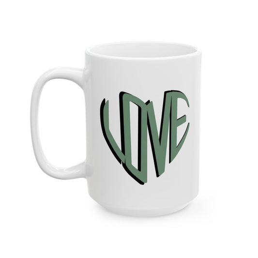 Love Brewed Here - Sage Green - White Ceramic Coffee Mug (11oz, 15oz) With Heart design that says LOVE