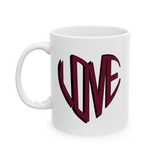 Love Brewed Here - Burgundy - White Ceramic Coffee Mug (11oz, 15oz) With Heart design that says LOVE