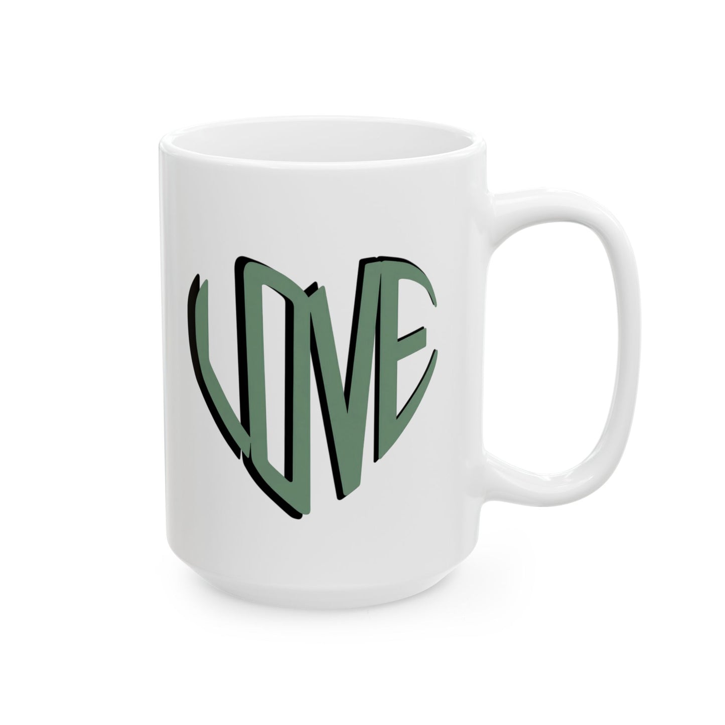 Love Brewed Here - Sage Green - White Ceramic Coffee Mug (11oz, 15oz) With Heart design that says LOVE