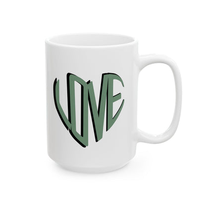 Love Brewed Here - Sage Green - White Ceramic Coffee Mug (11oz, 15oz) With Heart design that says LOVE