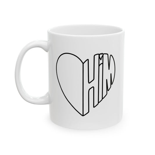 Him in My Heart Outline on White Ceramic Mug, (11oz, 15oz) - Gift for Him or Her