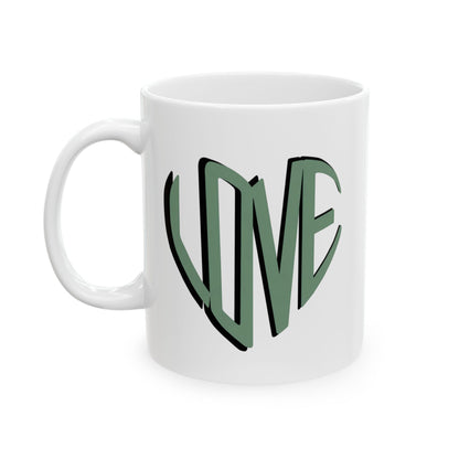 Love Brewed Here - Sage Green - White Ceramic Coffee Mug (11oz, 15oz) With Heart design that says LOVE