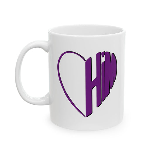 Him in My Heart Purple on White Coffee Cup (11oz, 15oz) - Gift for Him or Her