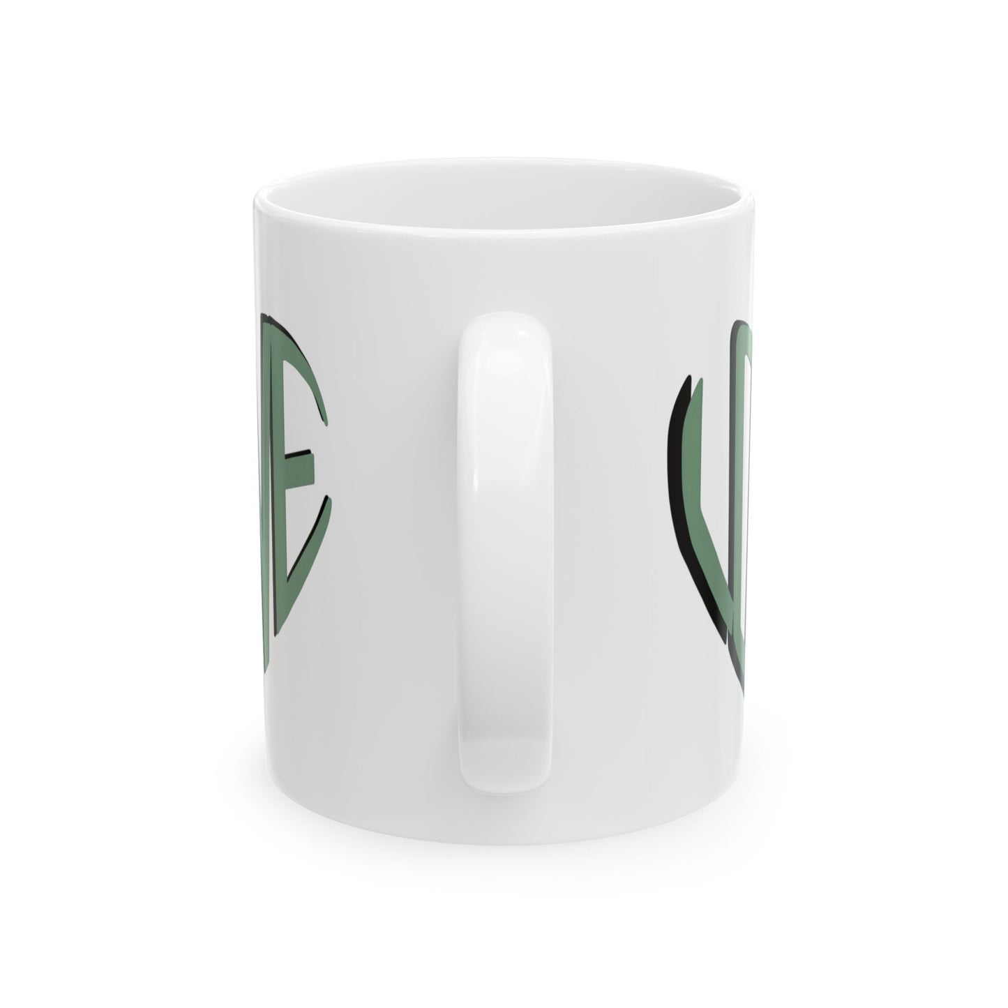 Love Brewed Here - Sage Green - White Ceramic Coffee Mug (11oz, 15oz) With Heart design that says LOVE