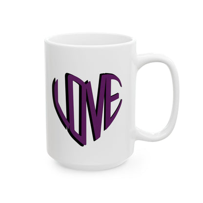 Love Brewed Here - Purple - White Ceramic Coffee Mug (11oz, 15oz) With Heart design that says LOVE