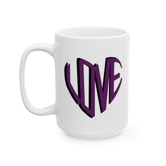 Love Brewed Here - Purple - White Ceramic Coffee Mug (11oz, 15oz) With Heart design that says LOVE