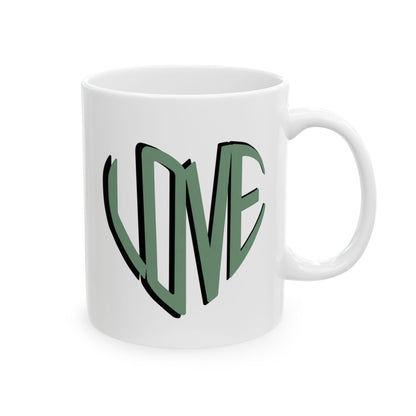 Love Brewed Here - Sage Green - White Ceramic Coffee Mug (11oz, 15oz) With Heart design that says LOVE