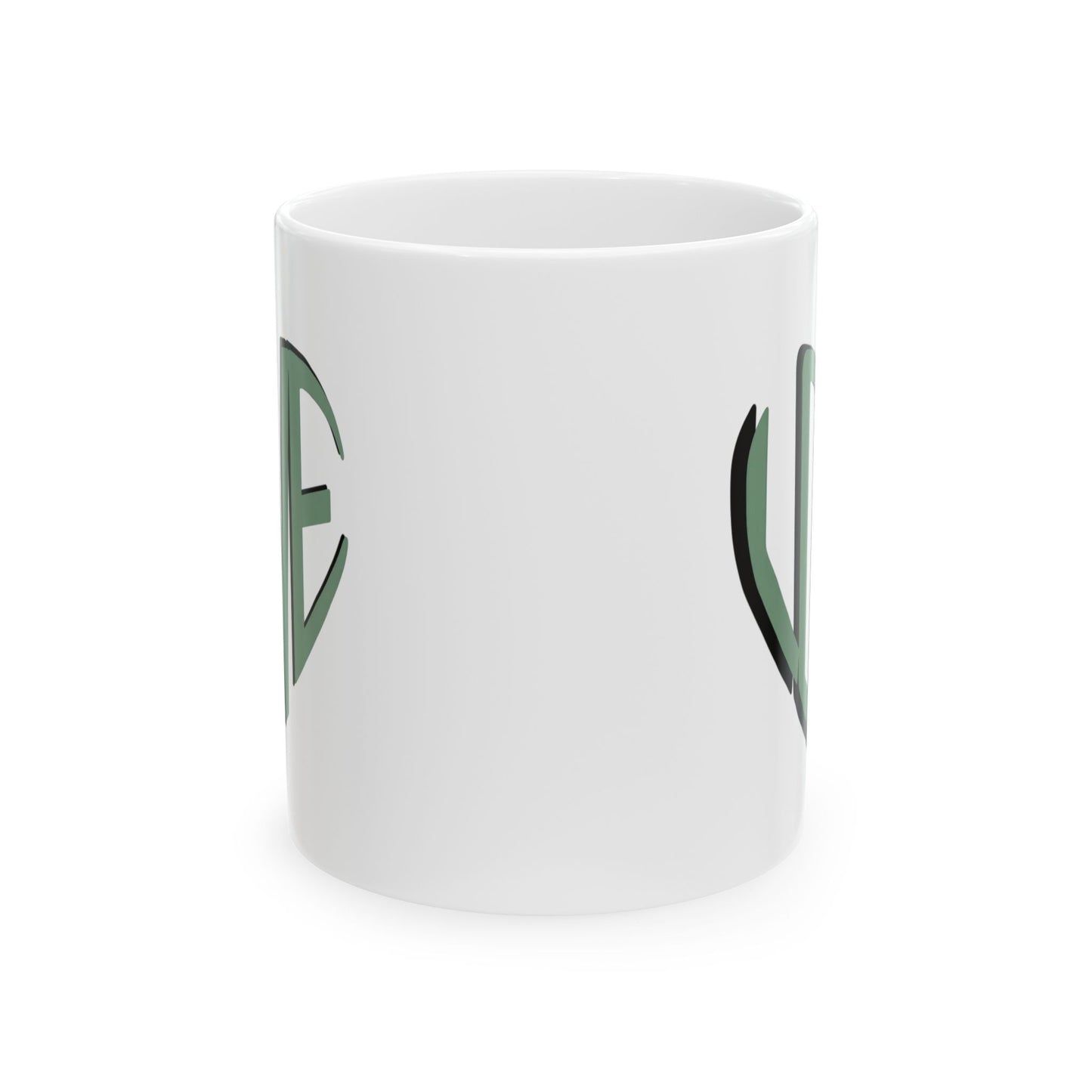 Love Brewed Here - Sage Green - White Ceramic Coffee Mug (11oz, 15oz) With Heart design that says LOVE