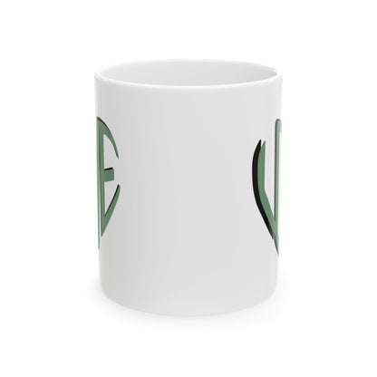 Love Brewed Here - Sage Green - White Ceramic Coffee Mug (11oz, 15oz) With Heart design that says LOVE