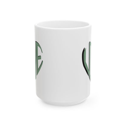 Love Brewed Here - Sage Green - White Ceramic Coffee Mug (11oz, 15oz) With Heart design that says LOVE