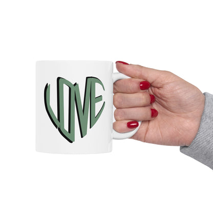 Love Brewed Here - Sage Green - White Ceramic Coffee Mug (11oz, 15oz) With Heart design that says LOVE