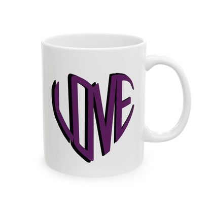 Love Brewed Here - Purple - White Ceramic Coffee Mug (11oz, 15oz) With Heart design that says LOVE