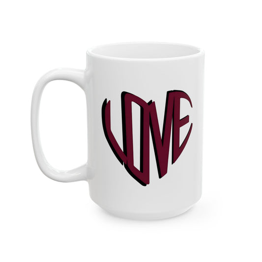 Love Brewed Here - Burgundy - White Ceramic Coffee Mug (11oz, 15oz) With Heart design that says LOVE
