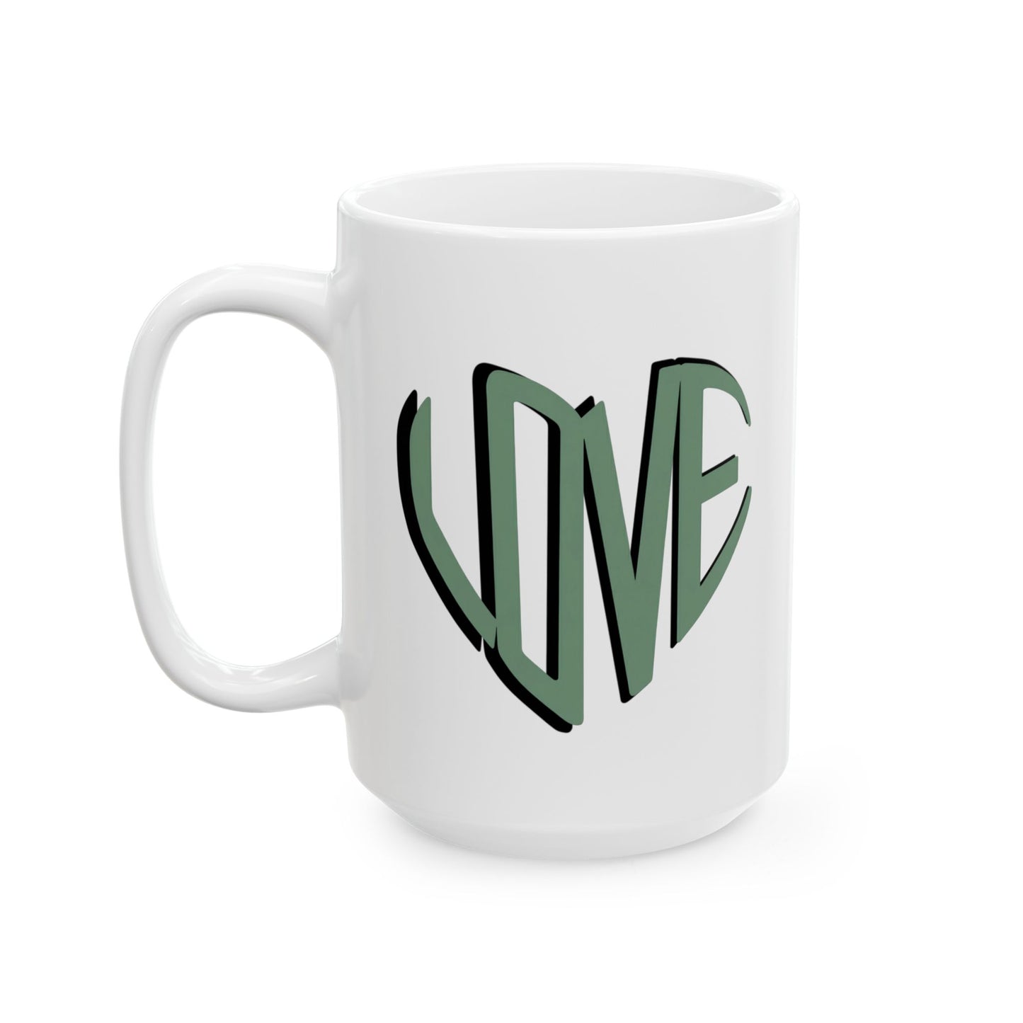 Love Brewed Here - Sage Green - White Ceramic Coffee Mug (11oz, 15oz) With Heart design that says LOVE
