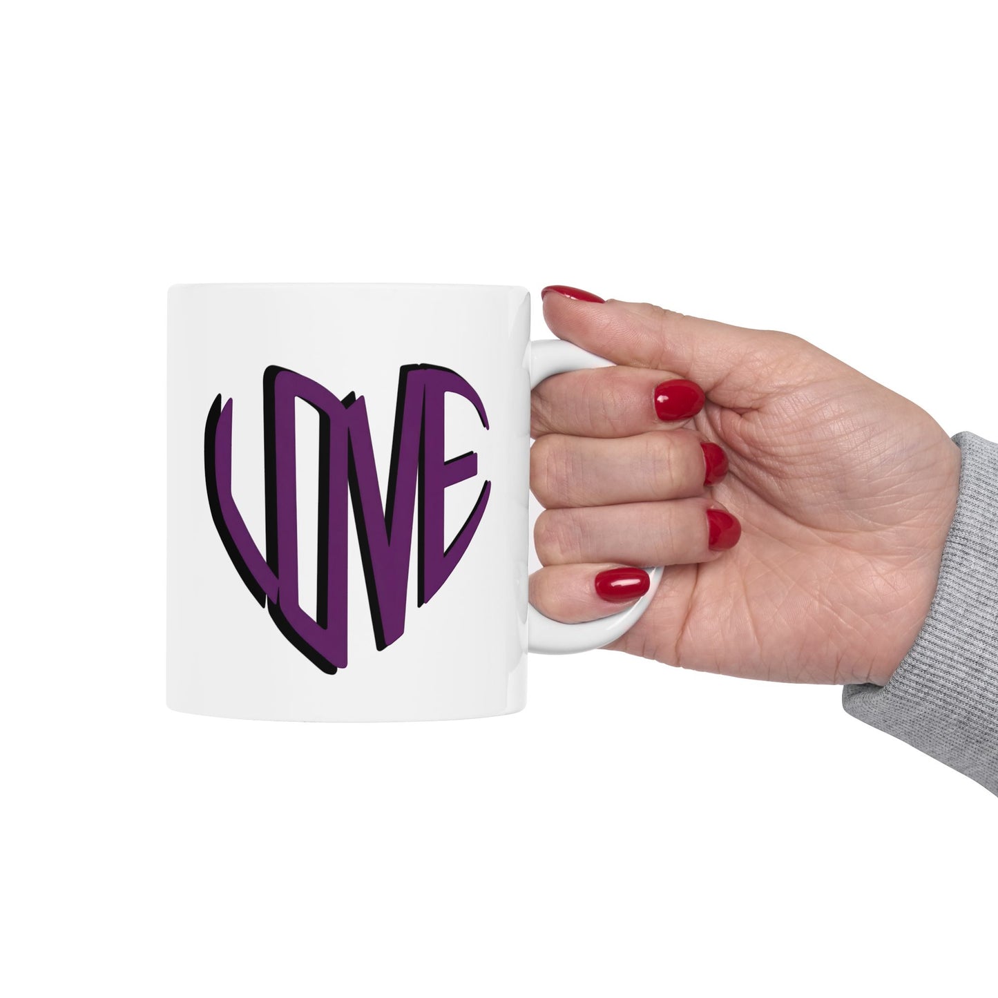 Love Brewed Here - Purple - White Ceramic Coffee Mug (11oz, 15oz) With Heart design that says LOVE