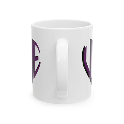 Love Brewed Here - Purple - White Ceramic Coffee Mug (11oz, 15oz) With Heart design that says LOVE
