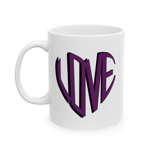 Love Brewed Here - Purple - White Ceramic Coffee Mug (11oz, 15oz) With Heart design that says LOVE